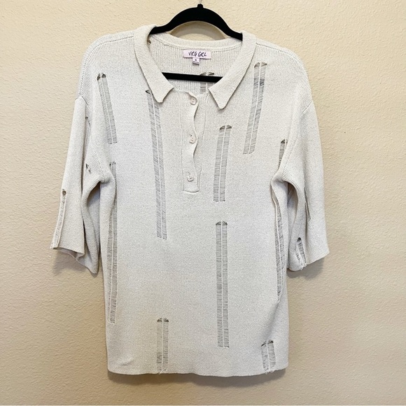 VRG GRL Distressed Oversized Relaxed Fit Knit Collared Polo Neutral Tan AU 6/ XS - Picture 11 of 11